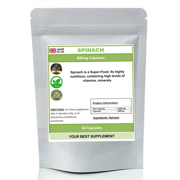 Spinach 800mg Capsules 100% Pure High Strength Super-Food(NoFiller No Additive)