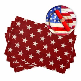 Table Placemats Set of 6,Retro White Stars on Red Wooden Heat-Proof Washable Place Mat,4th of July Patriotic USA Flag Linen Placemat for Kitchen Dining Holiday Party Banquet Tables
