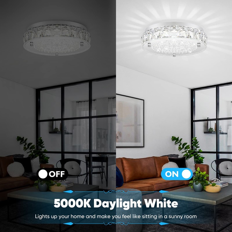 Crystal Chandeliers Flush Mount LED Ceiling Light Fixture, 5000K Daylight