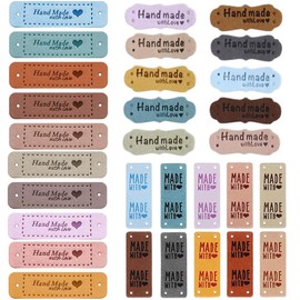 XYTAHDM Pack of 30 Handmade Labels for Sewing, Handmade Labels PU Leather, Handmade Embossed Label with Holes for Crochet Clothing, Knitting, DIY Jeans, Bags, Hats, Crochet (3 Styles)