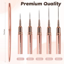 5PCS Nail Art Brushes Set with Pink Leather Case，【Metallic Material】 【Various Size】 【Light Weight】Nail Brush， Nail Brushes for Nail Art，Size：5mm,8mm,12mm,20mm,25mm，Rosegold