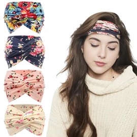 4 Pack Headbands for Women, Floral Print Fashion Head Bands, Knotted Elastic Hair Bands, Wide Vintage Turban, Boho Criss Cross Head Wrap, Soft Hairbands Accessories