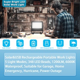 Rechargeable Solar Work Light 9000LM 7000K, 348 LEDs, 10H+ 4500mAh 5 Light Modes Magnetic Base & Hook, Battery Waterproof Cordless, Ideal for Work, Camping and Outdoor Jobs