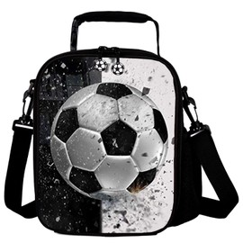 GOXUNYUAN Kids 3D Football Printed Lunch Bags Reusable Cooler Warm Tote Lunch Box with Drink Bottle Holder Children Portable Shoulder Strap Thermal Picnic Bags for Boys Girls Black