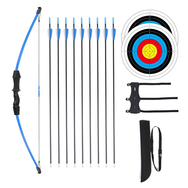 Procener 45" Bow and Arrow Set for Kids, Archery Beginner Gift with 9 Arrows 2 Target Face，1 Arm Guard and 1 Quiver, 18 Lb Recurve Bow Kit for Teen Outdoor Sports Game Hunting Toy (Blue)