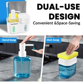 Dual Soap Dispenser Set for Kitchen Sink, 4-in-1 Hand & Dish Soap Dispenser with Sponge Holder, Brush Storage & Dishcloth Hanger, Removable & Non-Slip Design, White