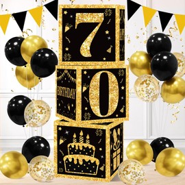 70th Birthday Decorations Boxes For Men Women - 3pcs Black Gold Happy 70th Balloons Boxes, 70 Year Old Party Supplies Birthday Table Decorations For Men Women