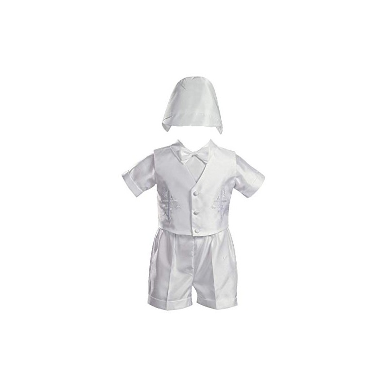 White Embroidered Shantung Chistening Baptism Vest and Short Set with