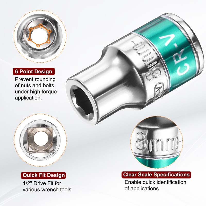 HARFINGTON 6pcs 1/2" Drive 6 Points Socket 8mm Metric Shallow