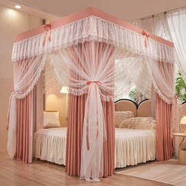 SCMTYWCQ 4 Corners Post Solid Color Bed Canopy Curtain Double Layer-Curtain & Ruffle Princess Mosquito Net 4 Opening Netting for Girls Teens Or Adults Bedroom Decoration (Pink-Jade, King)