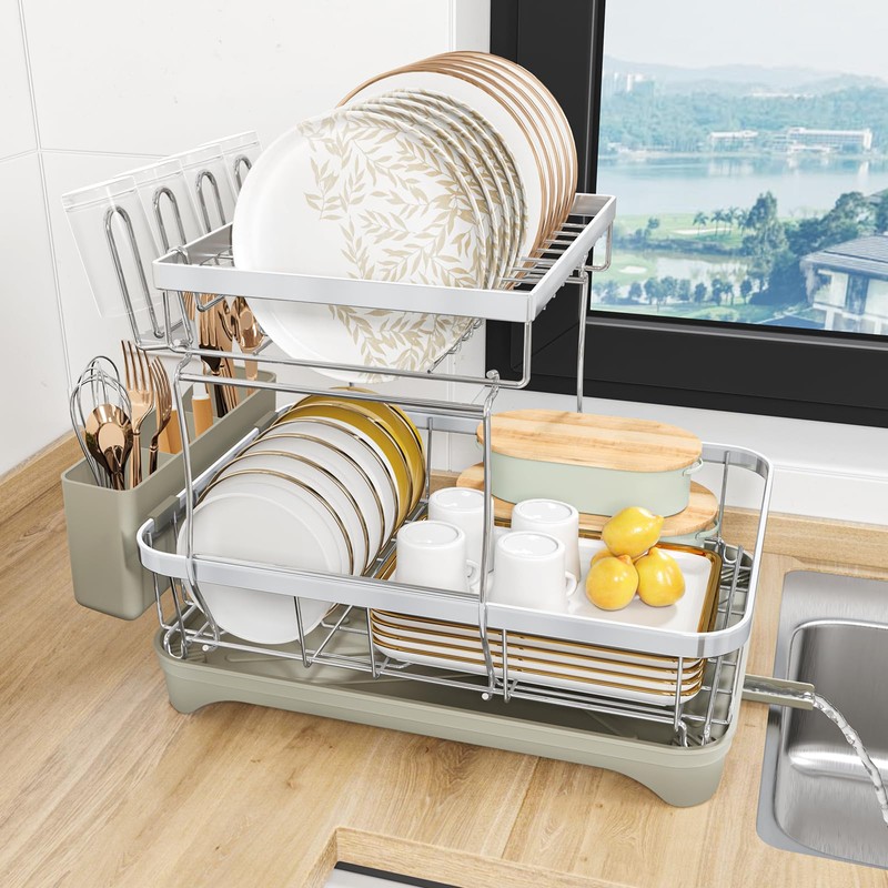 HOMEAILIE 2-Tier Dish Drying Rack for Kitchen Counter, 304 Stainless