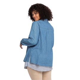 Sheego Women's Large Sizes Denim Tunic with Blouse Collar and Contrast Cuffs Casual Fashion Sporty V-Neck Button Placket, Light blue (light blue denim)