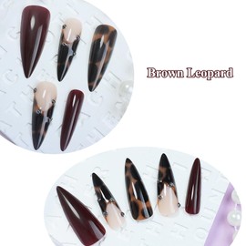 MERVF Long Stiletto Press on Nails Brown Leopard French Tip Fake Nails Glue on Nails with Rhinestones Press ons Cheetah Almond Acrylic False Nails for Women Glossy 24pcs