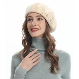 ZLYC Womens French Beret hat, Reversible Solid Color Cashmere Mosaic Warm Beret Cap for Girls(Embroidered Flowers Beige)
