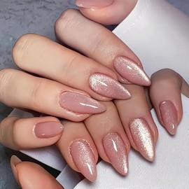 KQueenest Cat Eye Light Pink Press on Nails Medium Almond, 30 Pcs Glitter Nude Pink Fake Nails Press ons, Sparkly Acrylic Nails with UV Coating, Reusable Glue on Nails for Women Small Hand