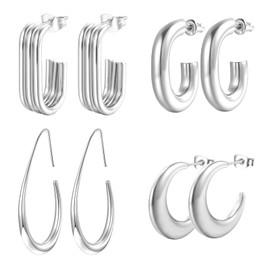 4 Pairs Small Earrings, Teardrop Hoop Earrings for Women, Stainless Steel Oval Pull-Through Earrings, Open Twisted Huggie Earring, Gold Silver Earrings for Women Girls, Stainless Steel, No Gemstone