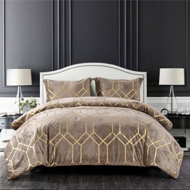 Sunshine Nicole Metallic Print Comforter Set, Distressed Velvet Face with Metallic Print and Brushed Solid Microfiber Reverse, with Light Weight Soft Poly Fill, 3 Pieces Khaki Gold, Queen