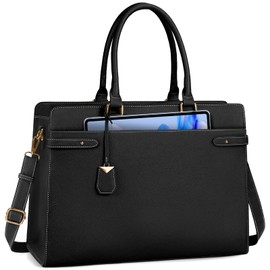 IGOLUMON Laptop Bag for Women 15.6 Inch Leather Tote Bag Professional Work Bag Waterproof Computer Briefcase Large Capacity Handbag Shoulder, Black