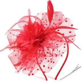 DRESHOW Fascinators Hat Feather Headband Women's Fascinators Tea Party Headpiece with Clip Flower Headband for Girls and Women, 1 pc: 03-r-red