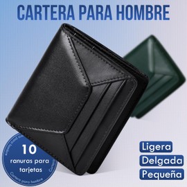 Carteras para caballero piel, Cartera hombre con monedero, 10 ranuras para tarjetas, billetera con monedero, billetera hombre con protección RIFD, ligero y delgado, Negro