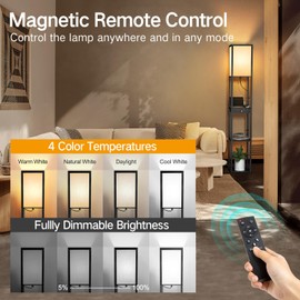 OUTON Dimmable Floor Lamp with Shelves, 1 Drawer, 2 USB-C Ports, 2 AC Outlets, LED Modern Floor Lamp with 3 Color Temperature, Storage Display Wood Standing Lamp for Living Room, Bedroom (Matte Black)