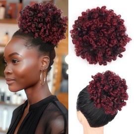 ZIRANJUAN Ombre Burgundy Afro Puff Hair Extensions Loose Wave Kinky Curly Drawstring Ponytail Short Mini Afro Puff Hairpiecesfor Black Women (1B Bug)