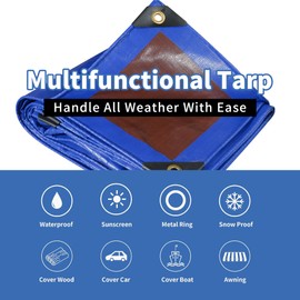 TARPAL 8x16ft Waterproof Heavy Duty Tarp 16Mil Thick with Metal Grommets Every 17.7" Large Multipurpose Tarp Tear-Resistant UV Protection Covers Roof, Pool,Car,Firewood&Outdoor Furniture(Blue/Brown)