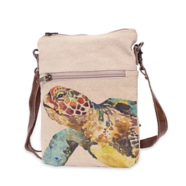 COTT N CURLS Sea Turtle Small Crossbody Purse - 9" x 7.5" Cotton Canvas Crossbody Bag and Phone Wallet with Leather Straps, Handcrafted Small Purses for Women, Durable Cross Body Bag