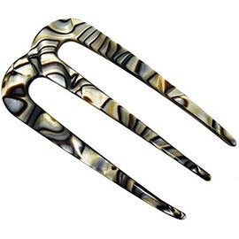 French Amie Tri Prongs Onyx Silver Grey 3" Handmade Cellulose Acetate Bun Holder Chignon Hair Pin Stick