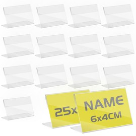 TAPKUA Pack of 25 Acrylic Label Holders, 6 x 4 cm Transparent Small Price Tag Display Stand for Small Cards and Price Tags on Paper