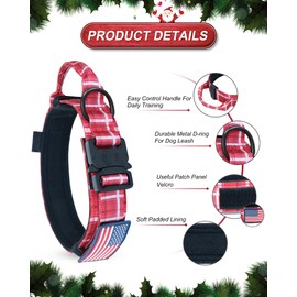 Hotsky Tactical Dog Collar and Leash, Adjustable Military Training Airtag Dog Collar with Handle and Heavy Duty Metal Buckle for Medium Large Dogs, with Airtag Holder & 2 Patches(Christmas Redplaid,M)