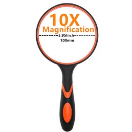 Magnifying Glass 10X Handheld Reading Magnifier with Cleaning Cloth-100MM 4INCHES Large Magnifying Lens with Non-Slip Soft Handle for Seniors Book Newspaper Reading and Kids Nature Hobby Exploration