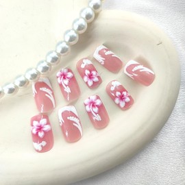 French Tip Press on Nails Medium Square Fake Nails with White Flower Desgins Pink Gardent Nails Press ons Spring False Nails Glossy Glue on Nails Artificial Stick on Nails for Women 24Pcs