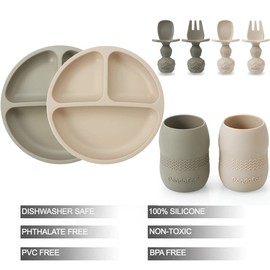 PandaEar PandaEar Silicone Baby Feeding Set| 2 Pack Silicone Divided Suction Plate and 2 Pack Tiny Cup with 2 Spoons 2 Forks| Baby Led Weaning Supplies Self Feeding Eating Utensils (Light Tan/Walnut)