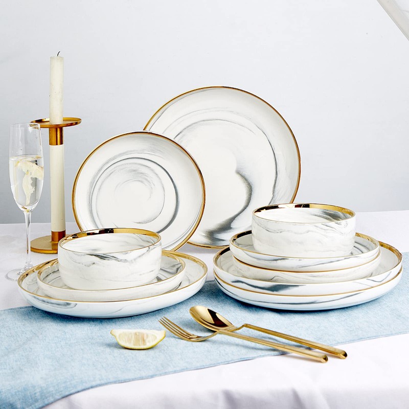 Pokini Marble Gold Rim Dinnerware Sets, Porcelain Plates and Bowls