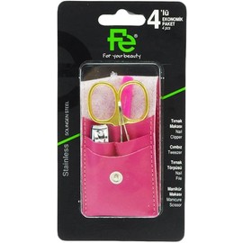 Fe Economic 4 Pc Nail Care Set/Nail File Tweezer Nail Cutter Scissors Pink