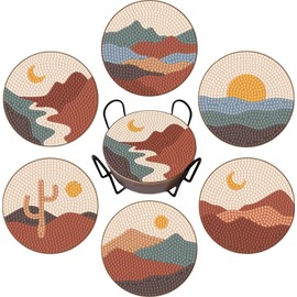 6Pcs 5D Diamond Painting Coasters with Holder, DIY Boho Coasters with Cork Backing Pads for Drinks Coffee Table , Diamond Arts Painting Kits for Beginners, Adults & Kids Crafts Supplies (Boho)