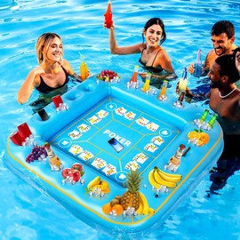 Elcoho Extra Large Inflatable Game Table with Waterproof Playing Cards 55 x 55 Inch Floating Pool Table Drink Holder Inflatable Ice Serving Tray Buffet Bar for Pool Summer Party, Light Blue