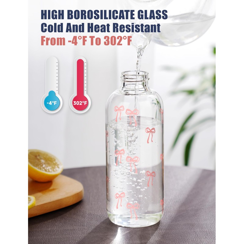 NiHome 25oz/750ml Pink Bow Glass Water Bottle with Silicone Straw,