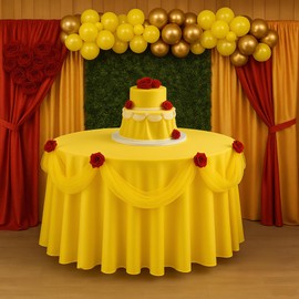 FoldTier 12 Pcs Princess Tablecloth,120 Inch Round Tablecloth Tulle Tutu Ruffled Table Skirt Bow Rose Flower for Wedding Birthday Baby Shower Bridal Party(Rose,Princess Yellow)