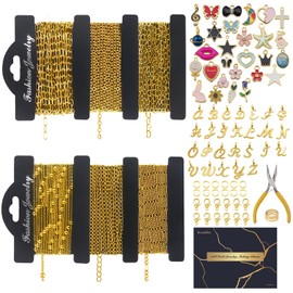 Ecoofor 18K Gold Necklace Chain Kit for Jewelry Making, 20 Feet 6 Rolls DIY Bracelet Chains with Jump Rings, Lobster Clasps, Connectors, Jewelry Pliers, 30 Colorful Graphic Charms & 24 Letter Pendants