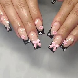 Medium Square Press on Nails Valentine's Day Fake Nails Black French with Flower Bow Charm Stripes Design Holiday False Nails Artificial Acrylic Stick on Nails Full Cover Glue on Nails for Women 24Pcs