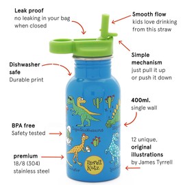 Tyrrell Katz Kids Dinosaurs Printed Drinking Bottle in Blue with Straw - Stainless Steel Dishwasher Safe Children's School Water Flask - 400 ml