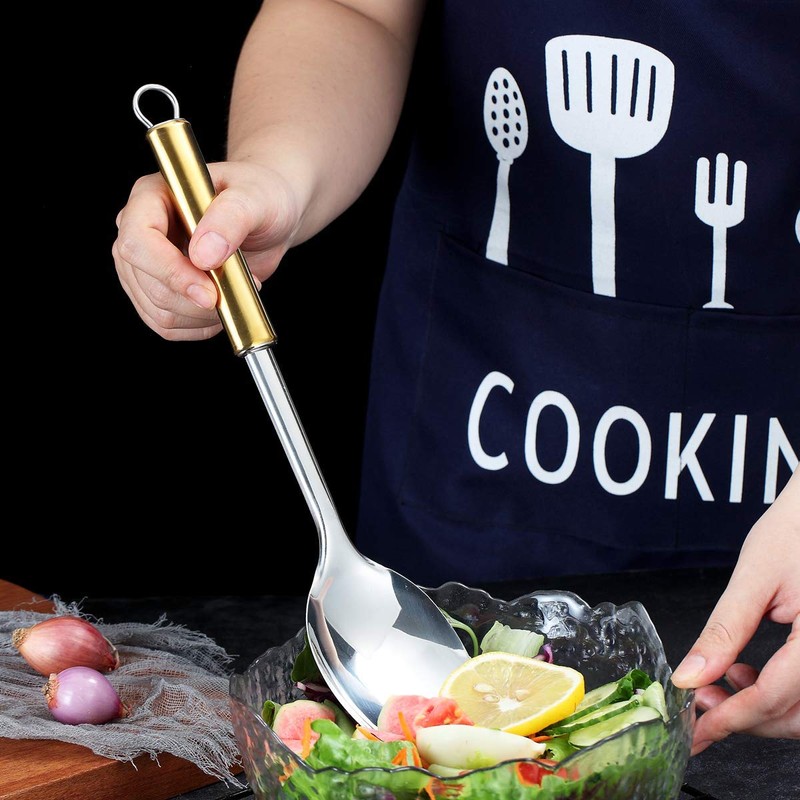 Berglander Solid Spoon, Stainless Steel Gold Handle Solid Cooking Spoon