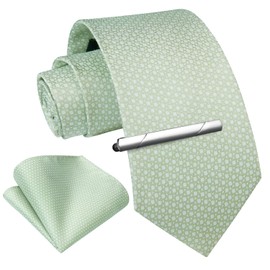 Enlision Mens Tie Sage Green Ties for Men and Pocket Square with Tie Clip Solid Color Checked Plaid Tie for Wedding Business
