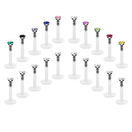 Crdifu Plastic Lip Piercing, Labret Stud Retainer Set, Flexible Plastic, 6/8/10/12 mm with Bioflex Crystal, 16G