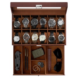 ProCase ProCase Watch Box for Men, 12 Slot Mens Watch Case With Drawer, Watch Display Case With Glass Lid, 2-Layer Watch Holder Organizer, Jewelry and Watch Storage for Men Women -12Slot, Espresso