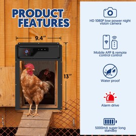 Automatic Chicken Coop Door,Chicken Coop Door Solar Powered with HD Camera and APP Remote Control,Support Alarm Driver,Night Vision,Anti-Pinch,Timer,5000 mAh Battery Included,13" H x 9.4" L