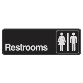 Hillman 841758 Restrooms Visual Impact Self Adhesive Sign, Black and White Plastic, 3x9 Inches 1-Sign