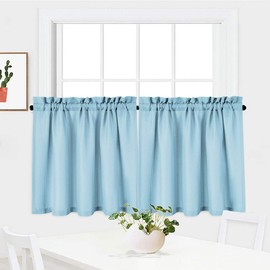 NANAN Kitchen Tiers Cafe Curtain, Waffle Waterproof Bathroom Window Curtain, Casual Waffle Weave Textured Half Window Covering Short Curtains for Bathroom - 30" x 30", Dusty Blue, Set of 2